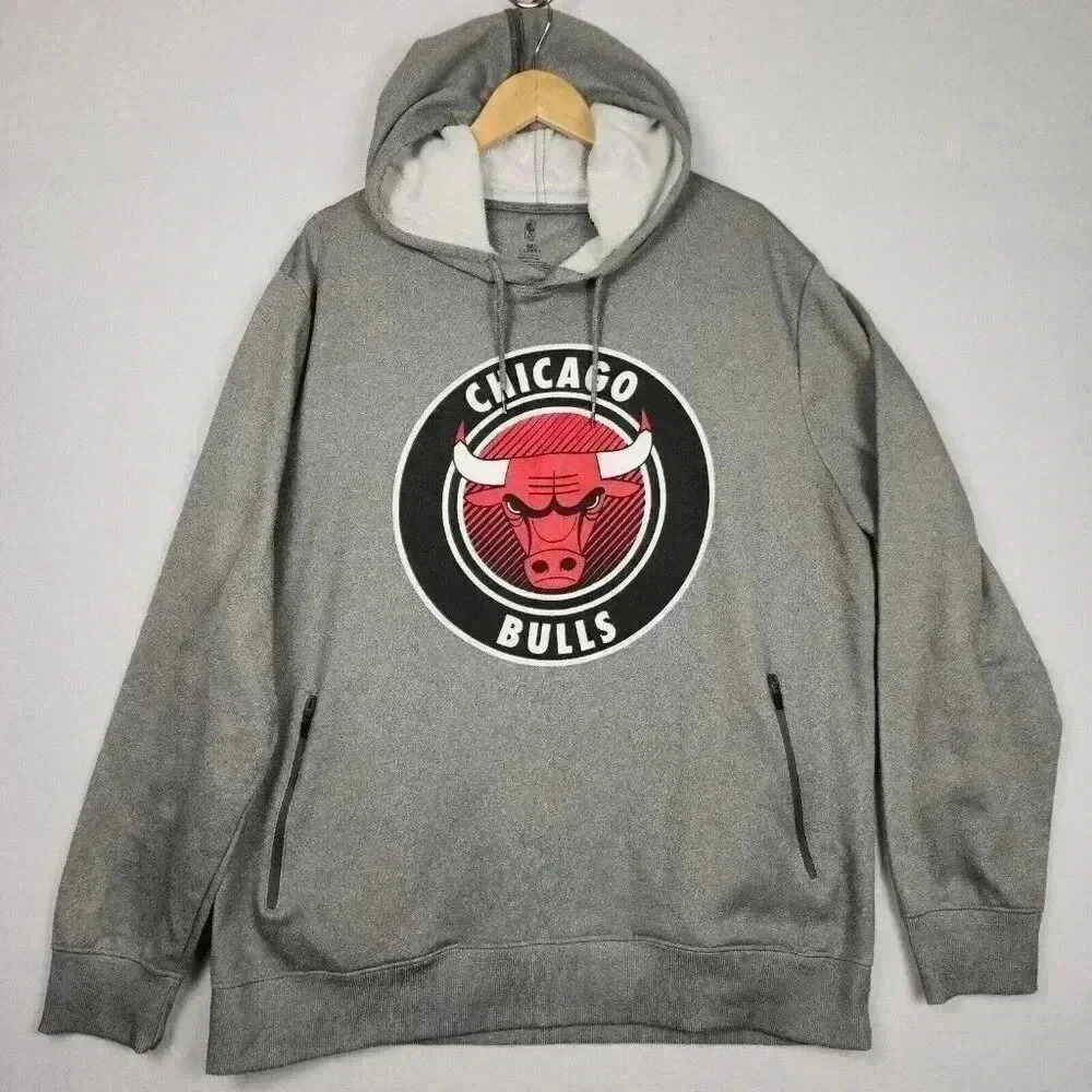NBA‎ Chicago Bulls Men's Hoodie XL Pullover Zipper Pockets Gray 100% Polyester